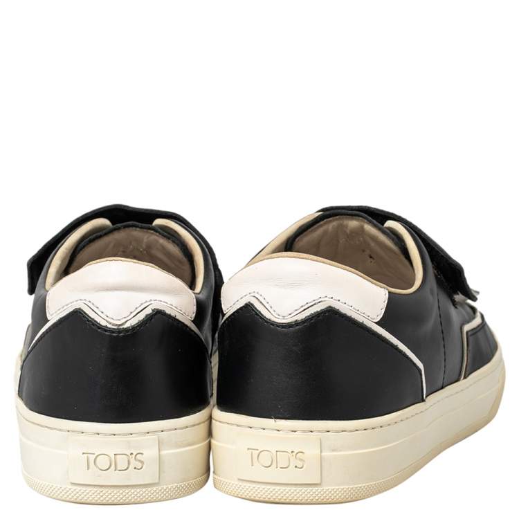 Pre Owned Tod's Black/White Leather Fringe Detail Slip On Sneakers Size 37