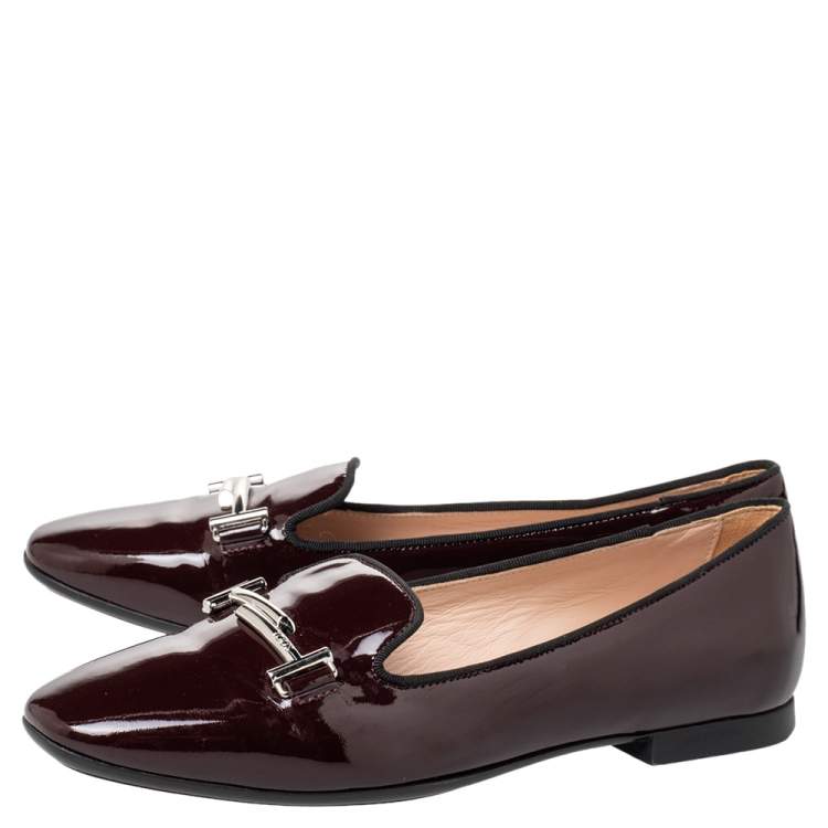 Pre Owned Tod's Burgundy Patent Leather Double T Smoking Slippers Size 38