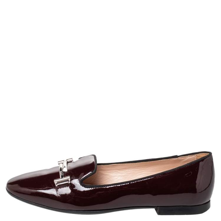 Pre Owned Tod's Burgundy Patent Leather Double T Smoking Slippers Size 38