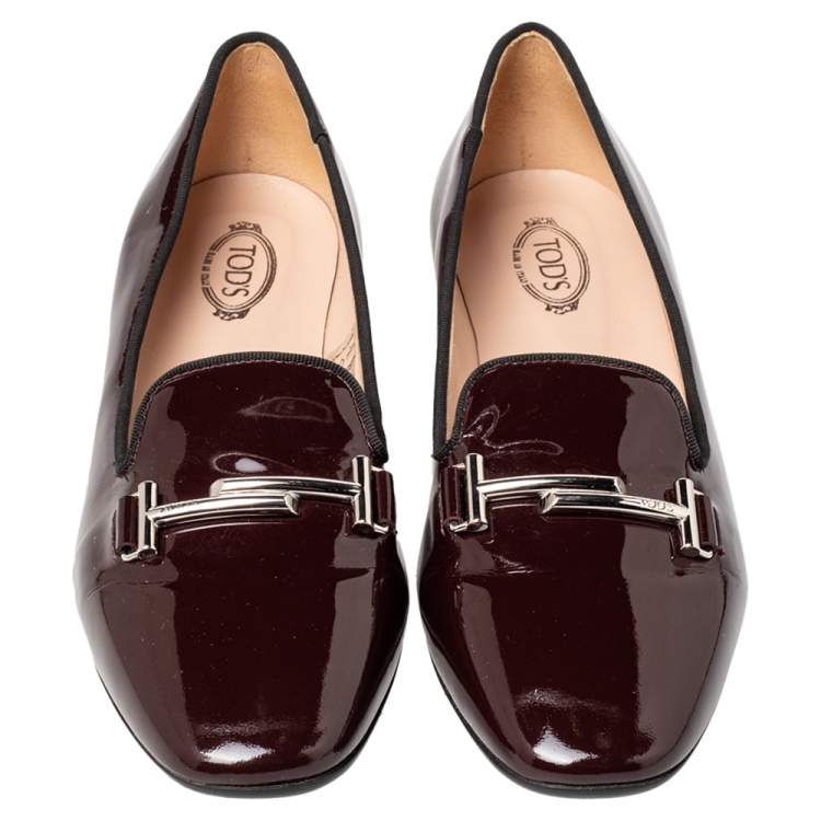 Pre Owned Tod's Burgundy Patent Leather Double T Smoking Slippers Size 38