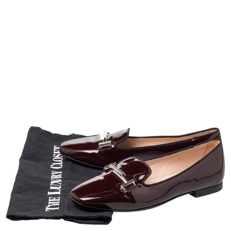 Pre Owned Tod's Burgundy Patent Leather Double T Smoking Slippers Size 38