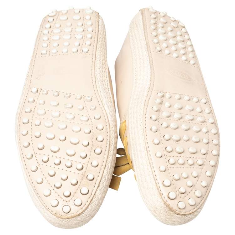 Pre Owned Tod's Beige/Yellow Leather And Suede Bow Espadrille Flats Size 39.5