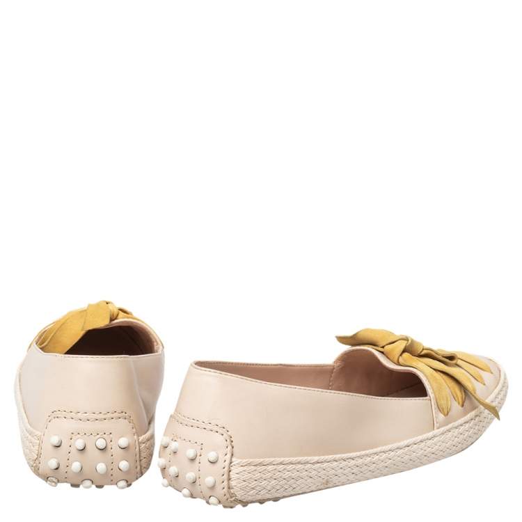 Pre Owned Tod's Beige/Yellow Leather And Suede Bow Espadrille Flats Size 39.5
