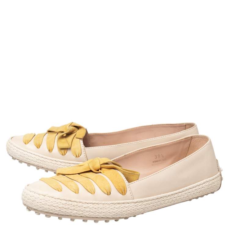 Pre Owned Tod's Beige/Yellow Leather And Suede Bow Espadrille Flats Size 39.5