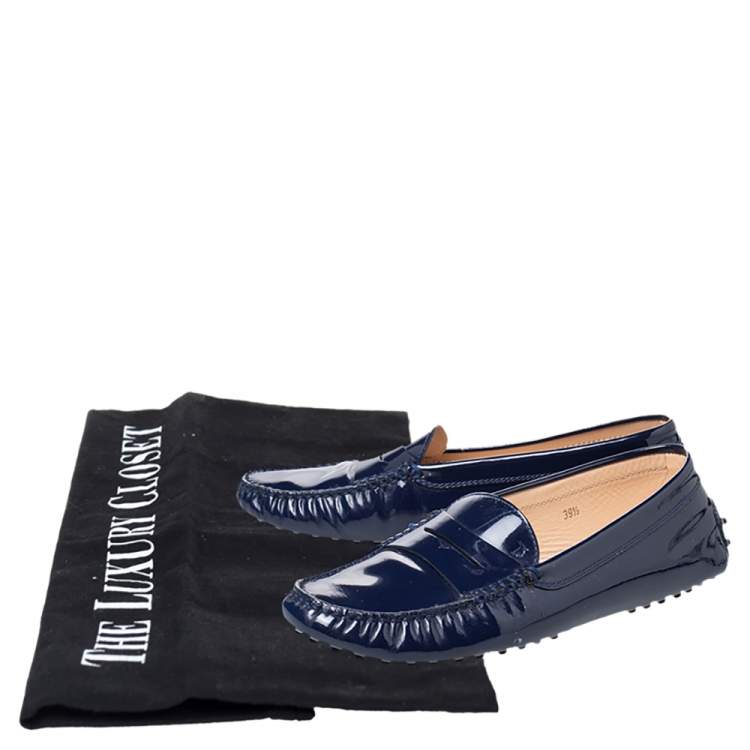 Pre Owned Tod's Blue Patent Leather Penny Slip On Loafers Size 39.5
