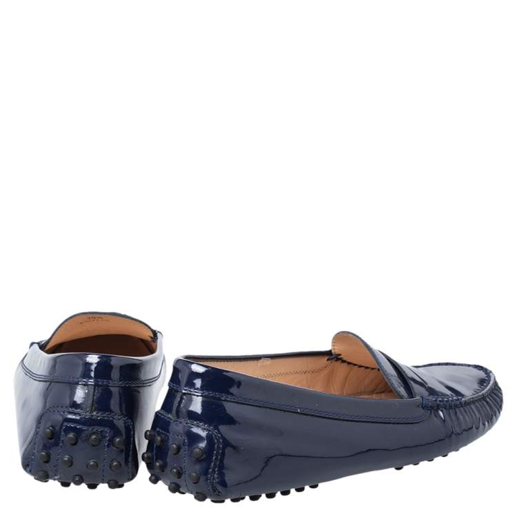 Pre Owned Tod's Blue Patent Leather Penny Slip On Loafers Size 39.5