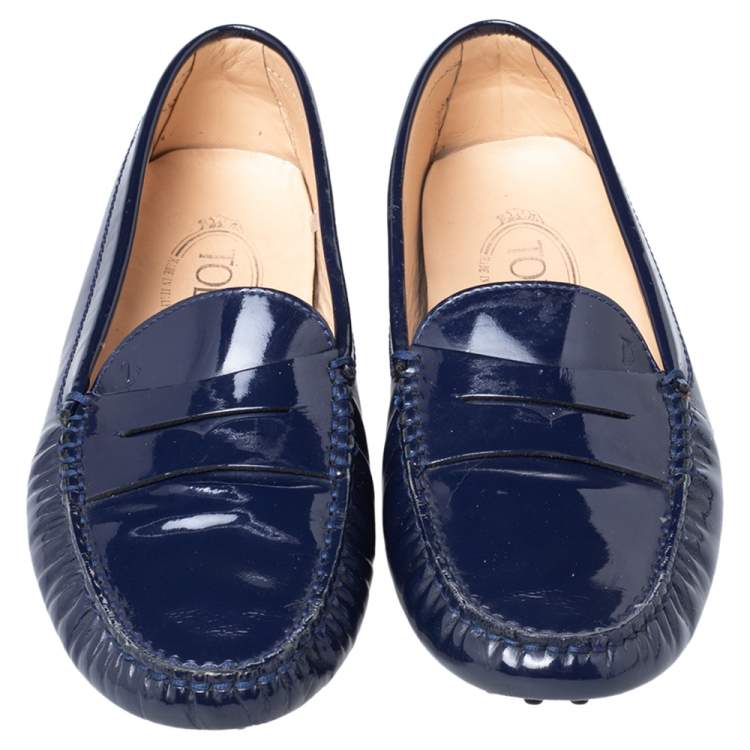 Pre Owned Tod's Blue Patent Leather Penny Slip On Loafers Size 39.5