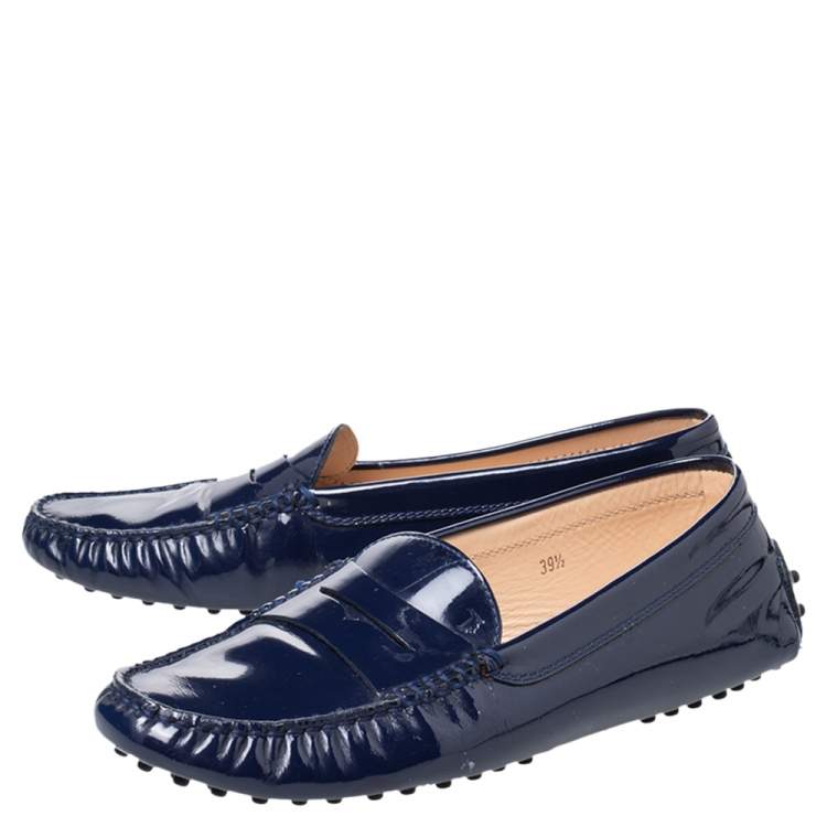 Pre Owned Tod's Blue Patent Leather Penny Slip On Loafers Size 39.5