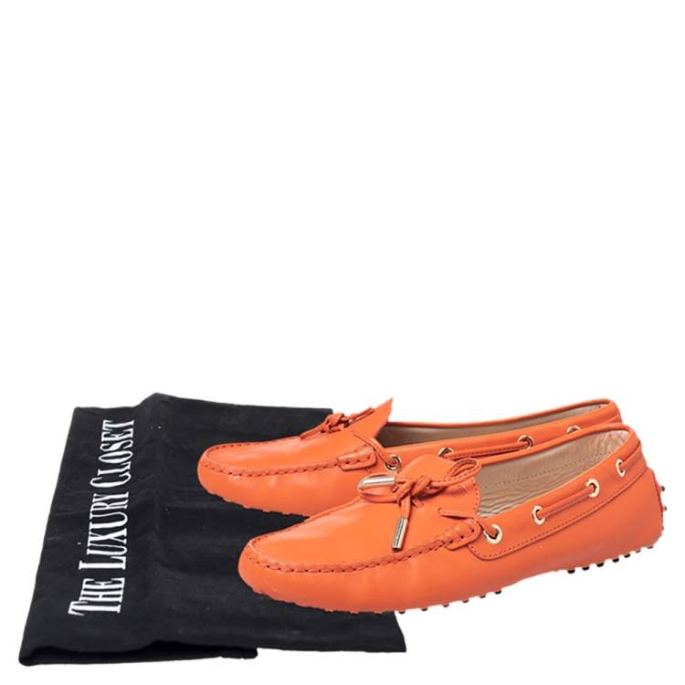Pre Owned Tod's Orange Leather Bow Slip On Loafers Size 39