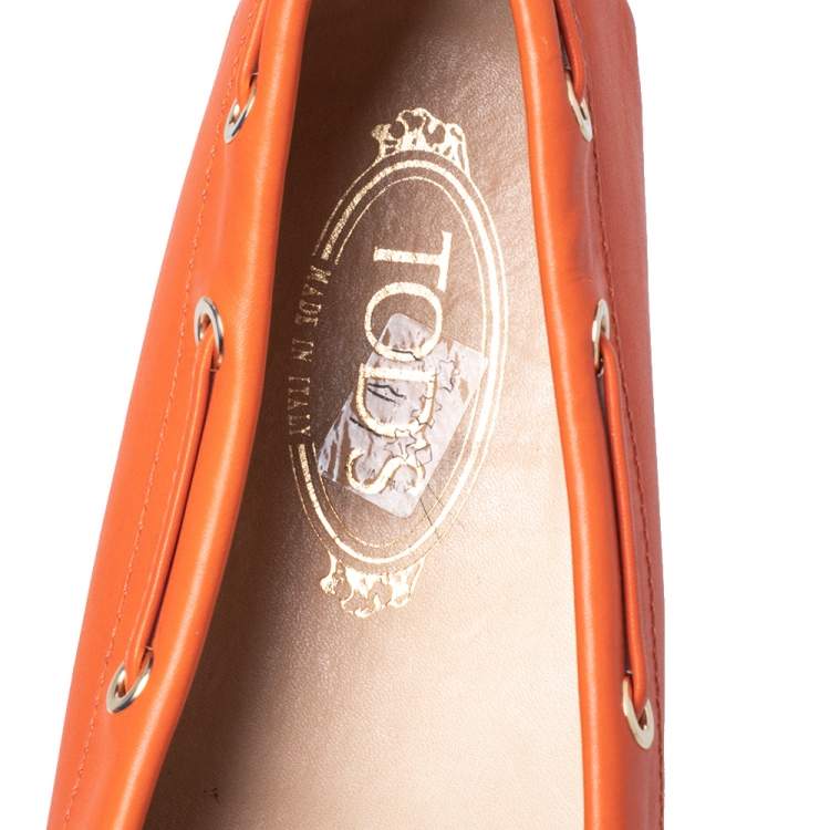 Pre Owned Tod's Orange Leather Bow Slip On Loafers Size 39