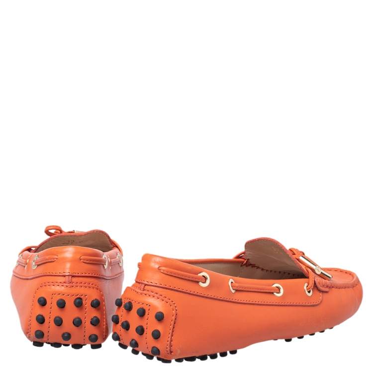 Pre Owned Tod's Orange Leather Bow Slip On Loafers Size 39