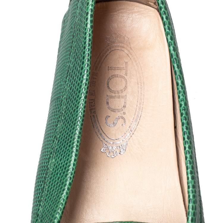 Pre Owned Tod's Green Lizard Embossed Leather Penny Slip On Loafers Size 39