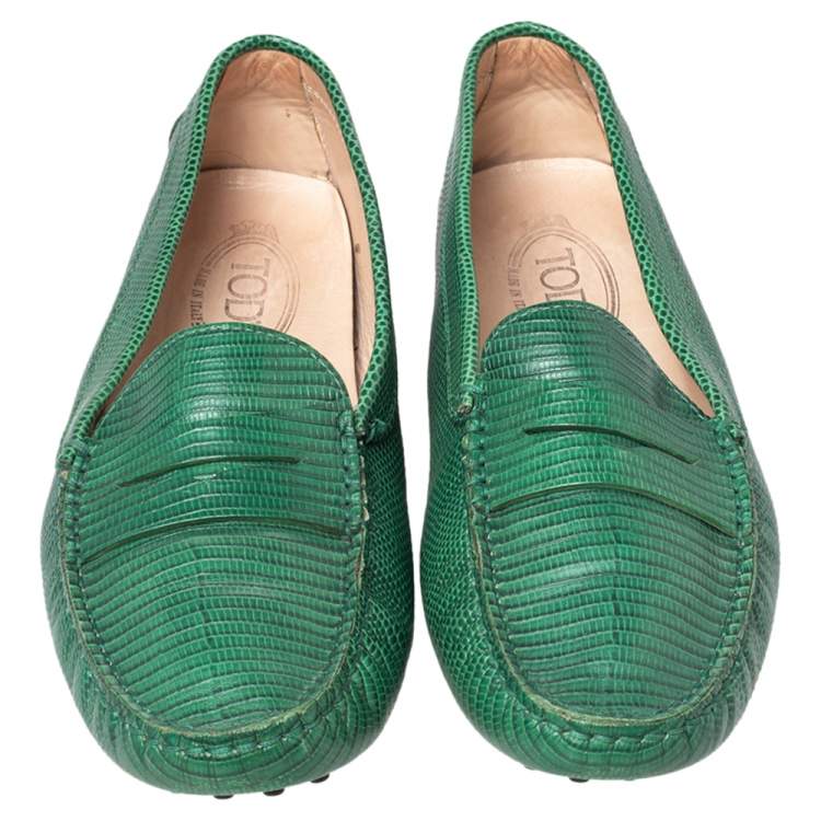 Pre Owned Tod's Green Lizard Embossed Leather Penny Slip On Loafers Size 39