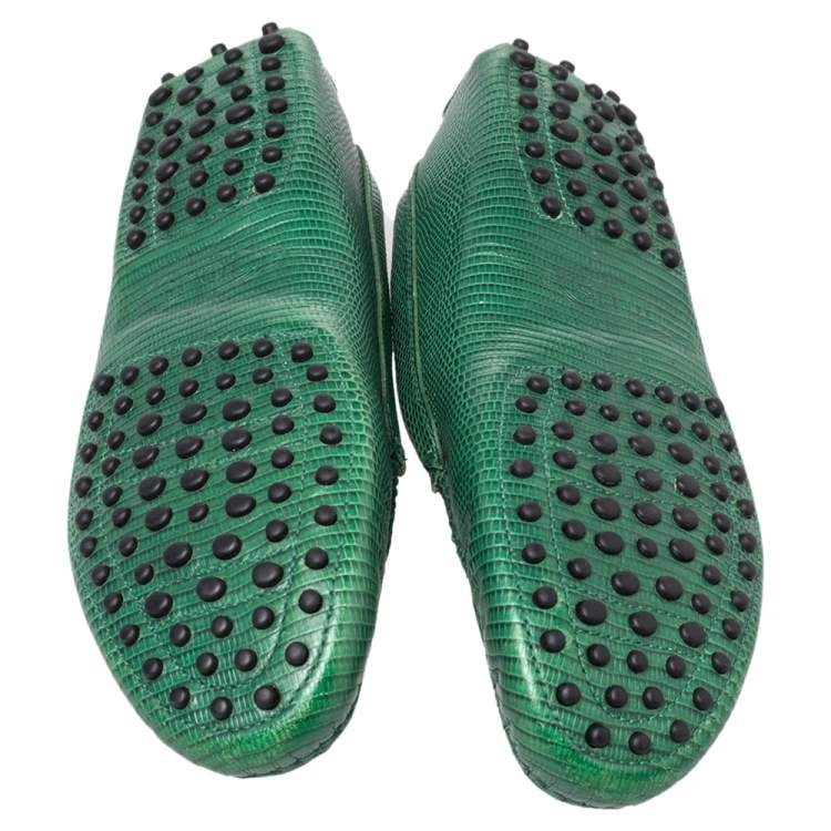 Pre Owned Tod's Green Lizard Embossed Leather Penny Slip On Loafers Size 39
