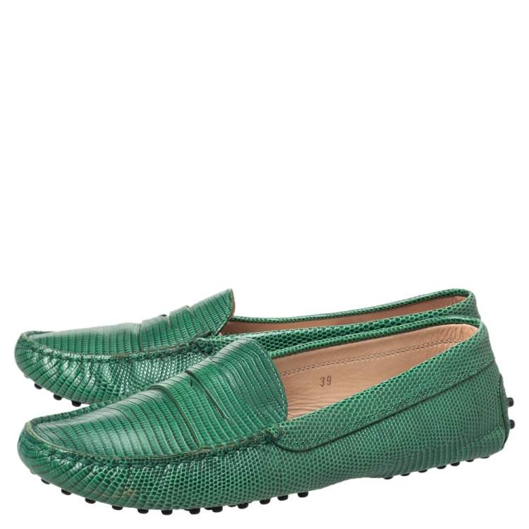 Pre Owned Tod's Green Lizard Embossed Leather Penny Slip On Loafers Size 39
