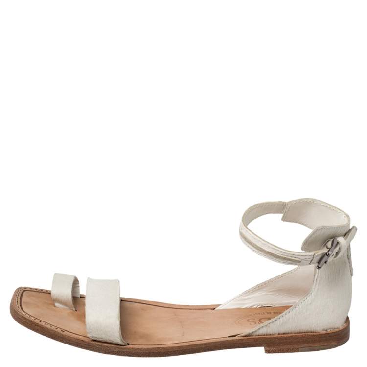 Pre Owned Tod's White Calf Hair Ankle Strap Sandals Size 38.5
