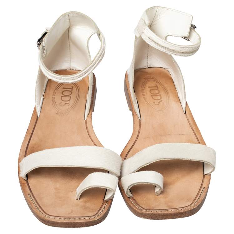 Pre Owned Tod's White Calf Hair Ankle Strap Sandals Size 38.5