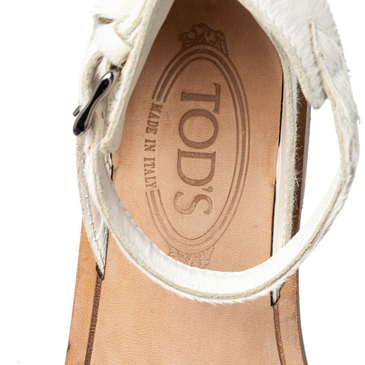 Pre Owned Tod's White Calf Hair Ankle Strap Sandals Size 38.5