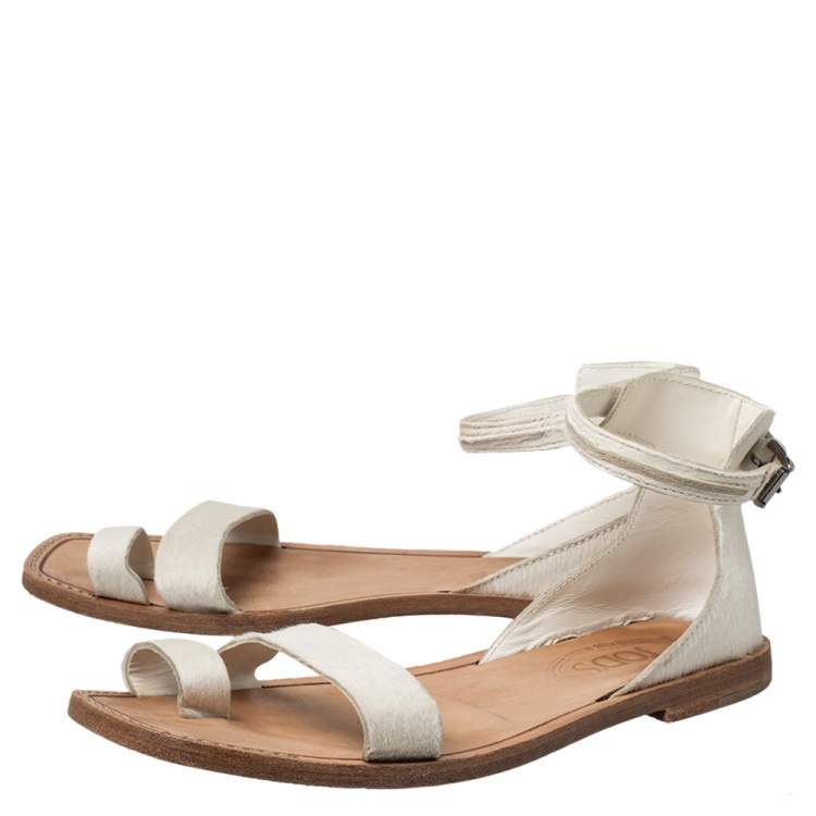 Pre Owned Tod's White Calf Hair Ankle Strap Sandals Size 38.5
