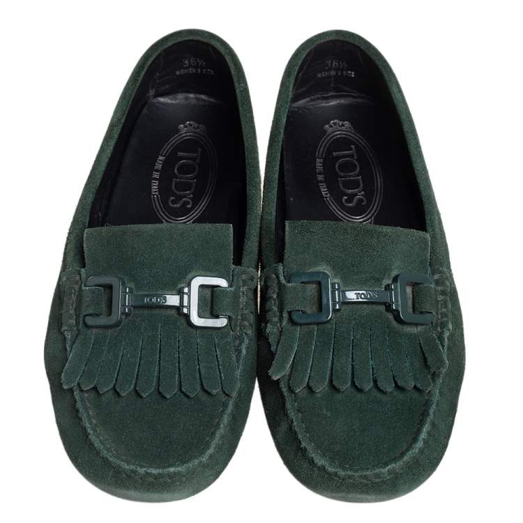 Pre Owned Tod's Green Suede Fringe Slip On Loafers Size 36.5 
