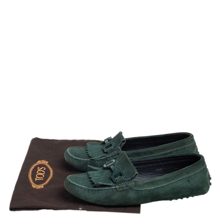 Pre Owned Tod's Green Suede Fringe Slip On Loafers Size 36.5 