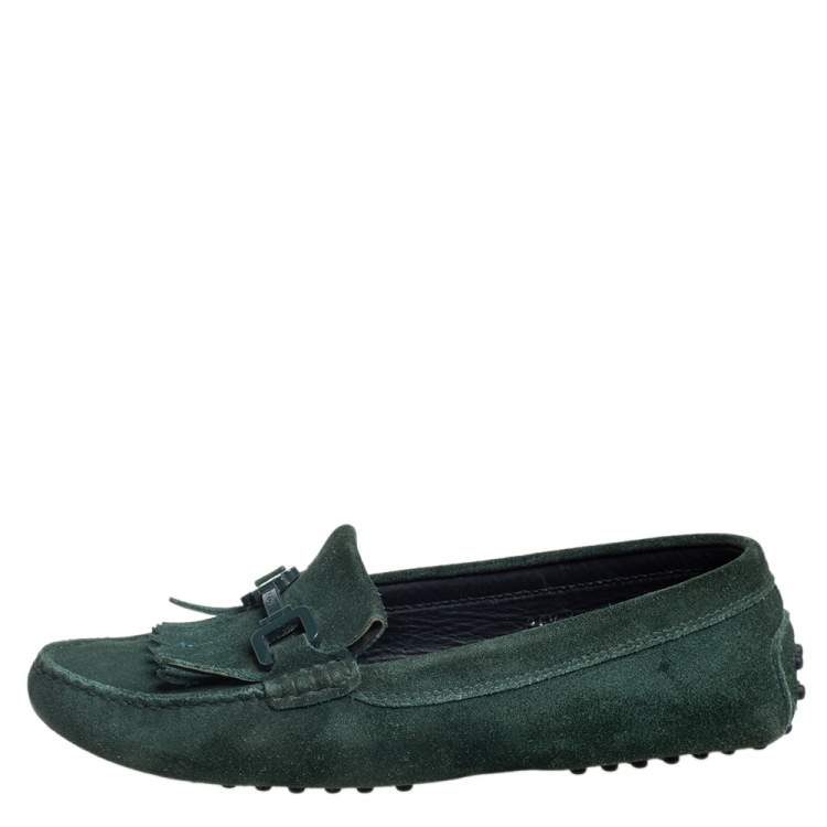 Pre Owned Tod's Green Suede Fringe Slip On Loafers Size 36.5 