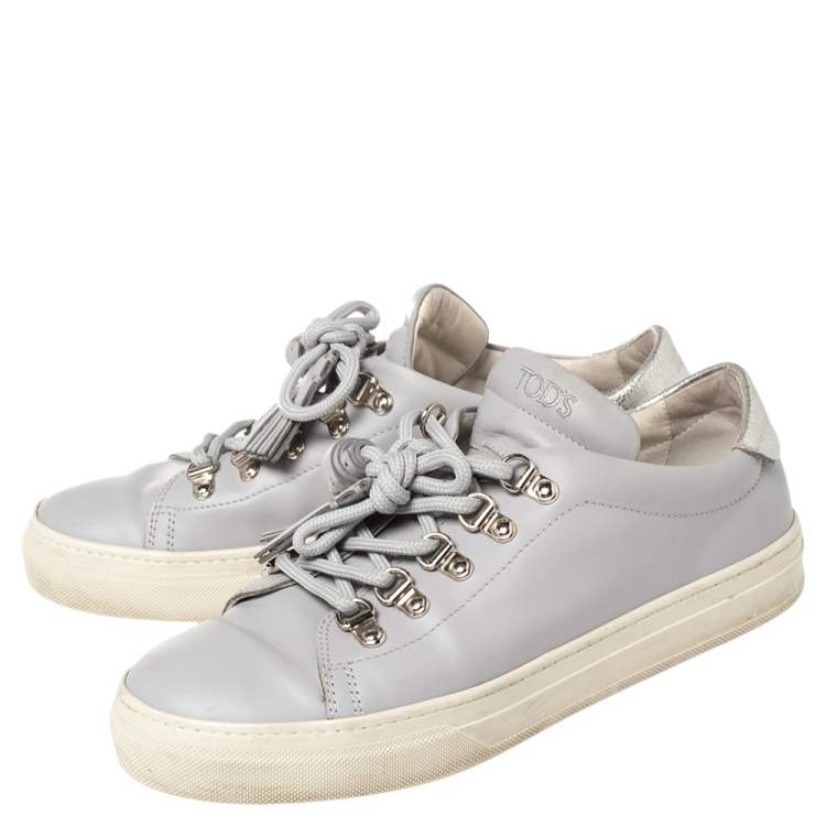 Pre Owned Tod's Grey Leather Tassel Trim Low Top Sneakers Size 38.5
