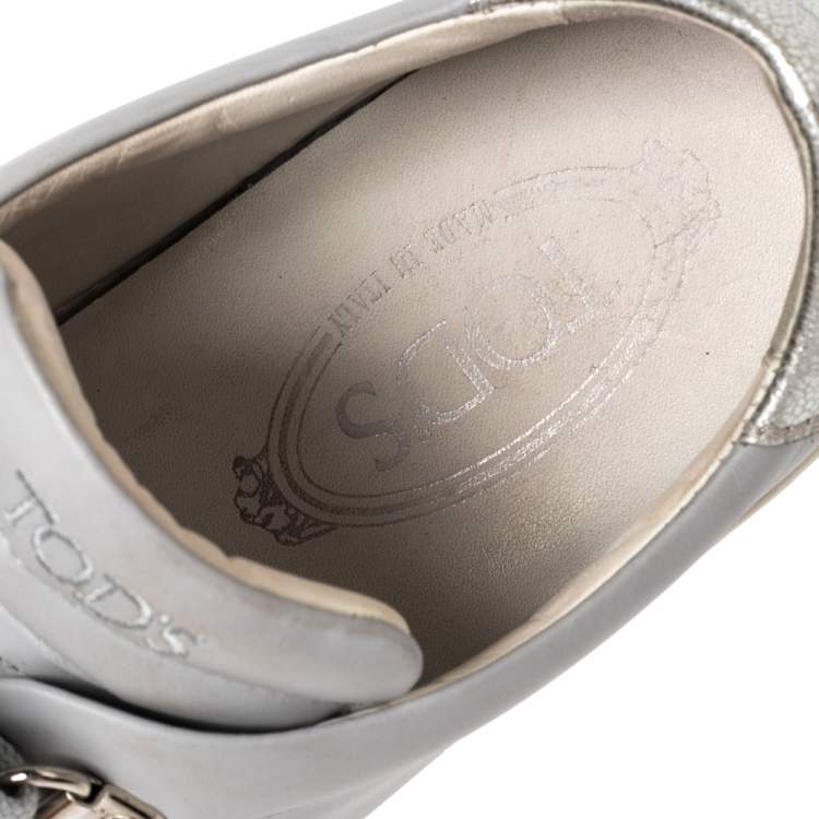 Pre Owned Tod's Grey Leather Tassel Trim Low Top Sneakers Size 38.5