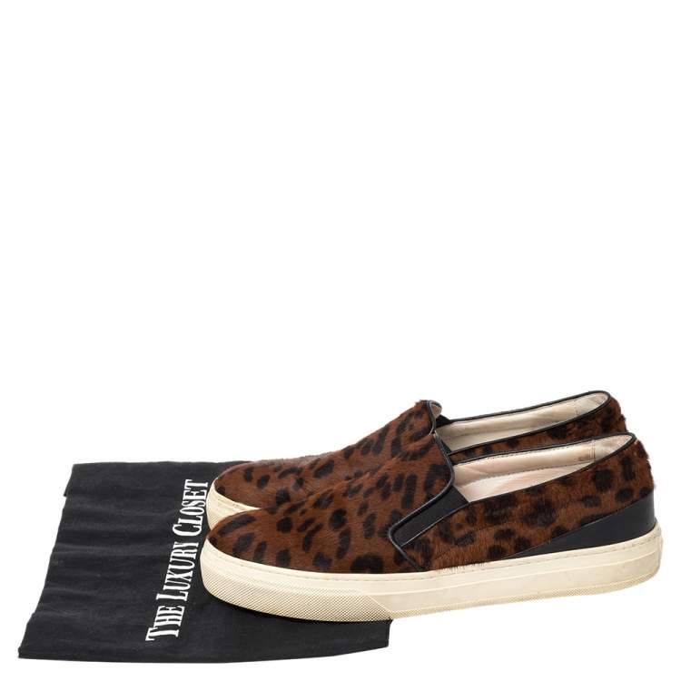 Pre Owned Tod's Brown Leopard Print Calf Hair Slip On Sneakers Size 38.5