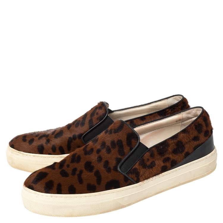 Pre Owned Tod's Brown Leopard Print Calf Hair Slip On Sneakers Size 38.5