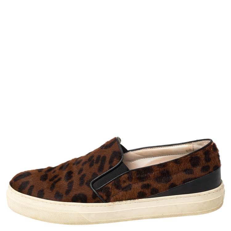 Pre Owned Tod's Brown Leopard Print Calf Hair Slip On Sneakers Size 38.5