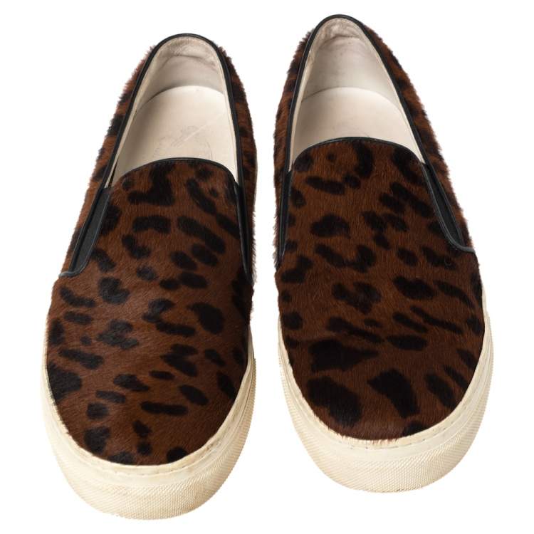 Pre Owned Tod's Brown Leopard Print Calf Hair Slip On Sneakers Size 38.5