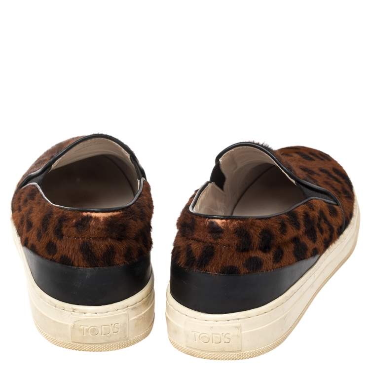 Pre Owned Tod's Brown Leopard Print Calf Hair Slip On Sneakers Size 38.5