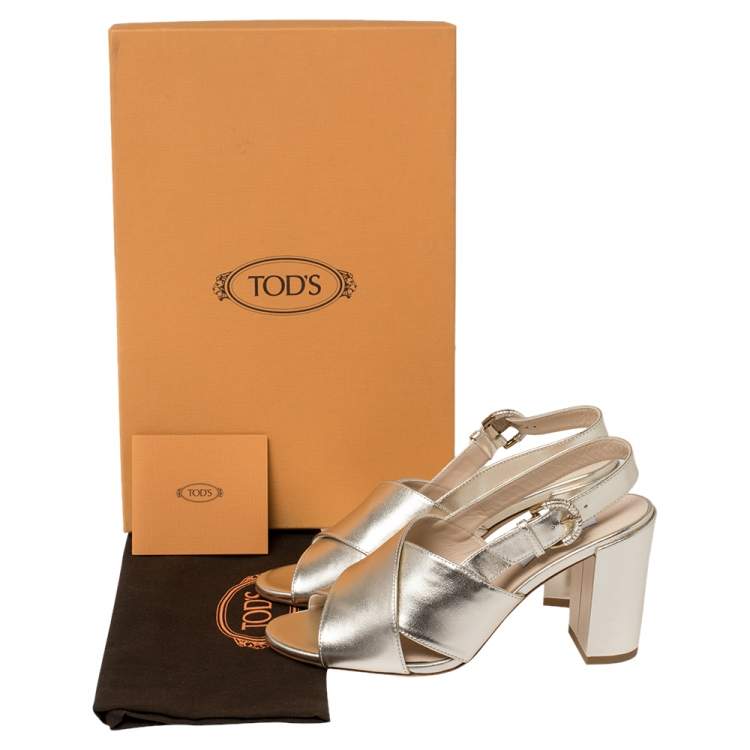 Pre Owned Tod's Metallic Silver Leather Criss Cross Slingback Sandals Size 36.5