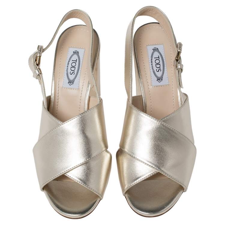 Pre Owned Tod's Metallic Silver Leather Criss Cross Slingback Sandals Size 36.5