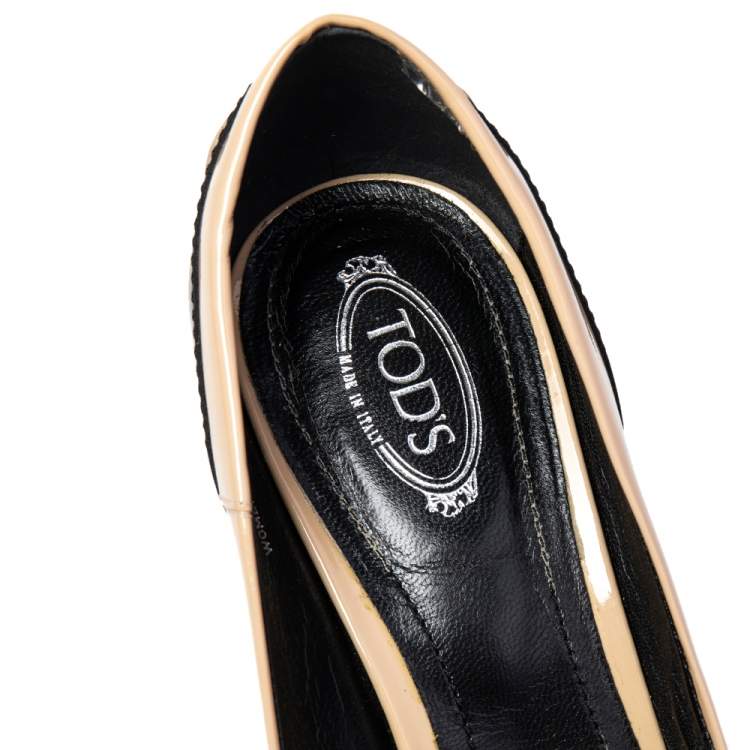 Pre Owned Tod's Beige/Black Patent Leather Double T Open Toe Loafer Pumps Size 37.5