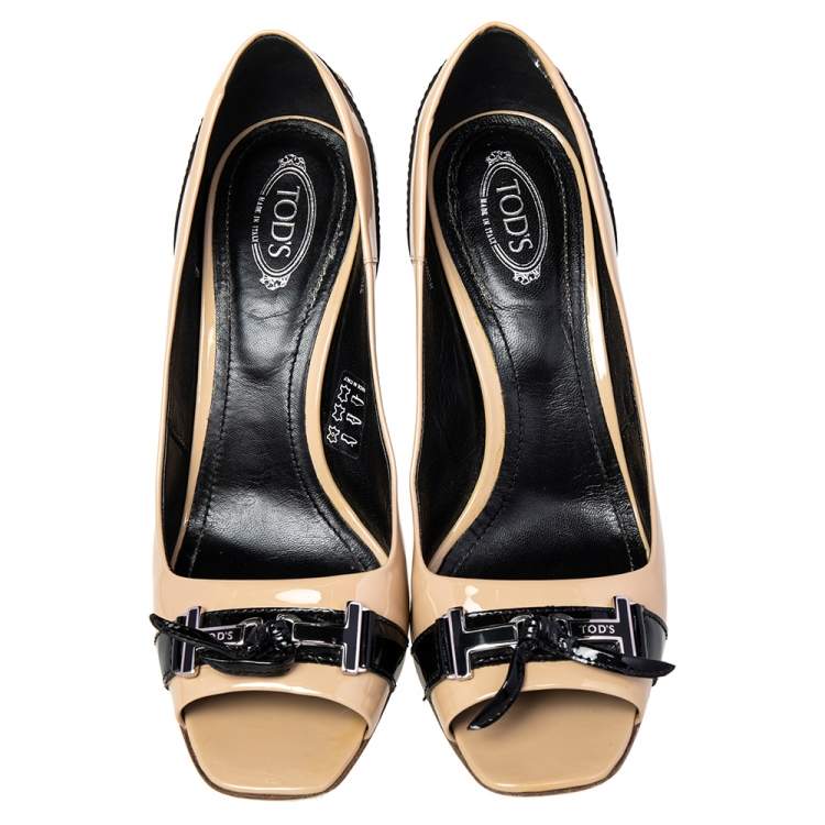 Pre Owned Tod's Beige/Black Patent Leather Double T Open Toe Loafer Pumps Size 37.5
