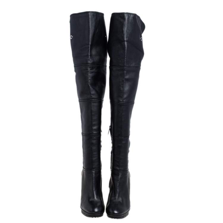 Pre Owned Tod's Black Leather Platform Over The Knee Boots Size 39.5