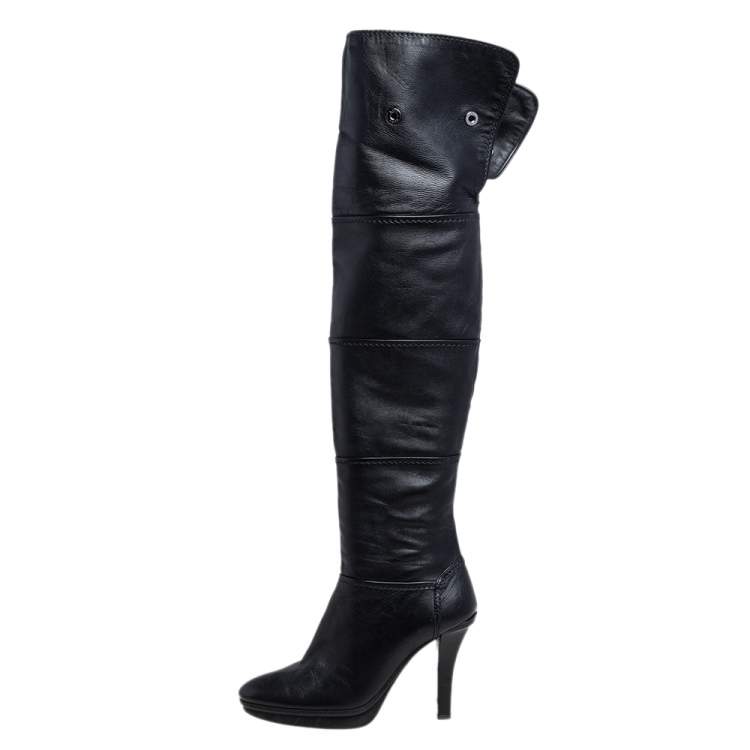 Pre Owned Tod's Black Leather Platform Over The Knee Boots Size 39.5