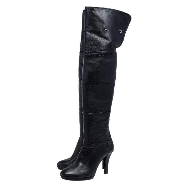 Pre Owned Tod's Black Leather Platform Over The Knee Boots Size 39.5
