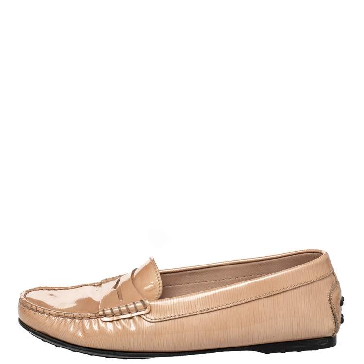 Pre Owned Tod's Beige Textured Patent Leather Penny Slip On Loafers Size 37.5