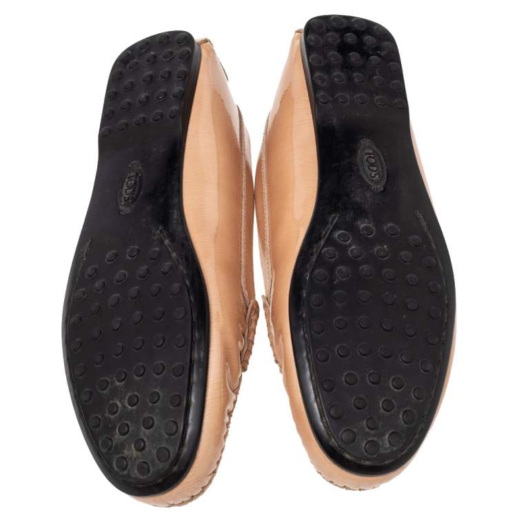 Pre Owned Tod's Beige Textured Patent Leather Penny Slip On Loafers Size 37.5