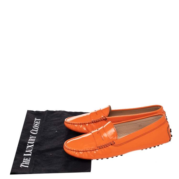 Pre Owned Tod's Orange Patent Leather Penny Slip On Loafers Size 39