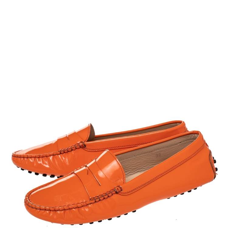 Pre Owned Tod's Orange Patent Leather Penny Slip On Loafers Size 39