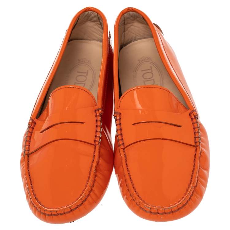 Pre Owned Tod's Orange Patent Leather Penny Slip On Loafers Size 39
