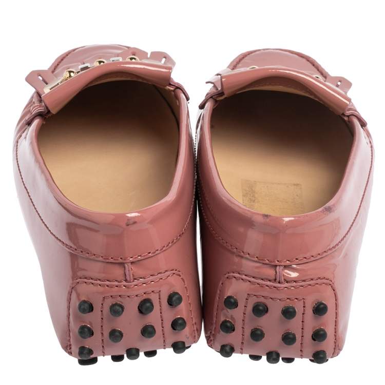 Pre Owned Tod's Pink Patent Leather Fringe Safety Pin Loafers Size 38.5