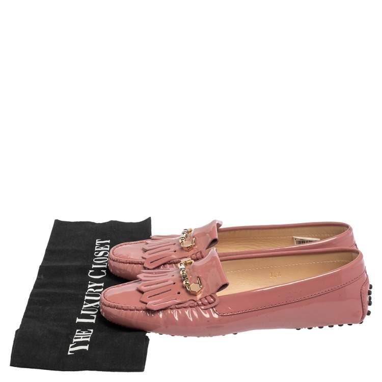 Pre Owned Tod's Pink Patent Leather Fringe Safety Pin Loafers Size 38.5
