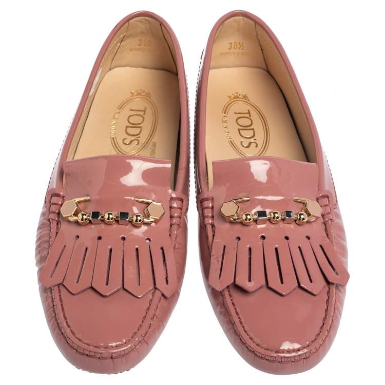 Pre Owned Tod's Pink Patent Leather Fringe Safety Pin Loafers Size 38.5