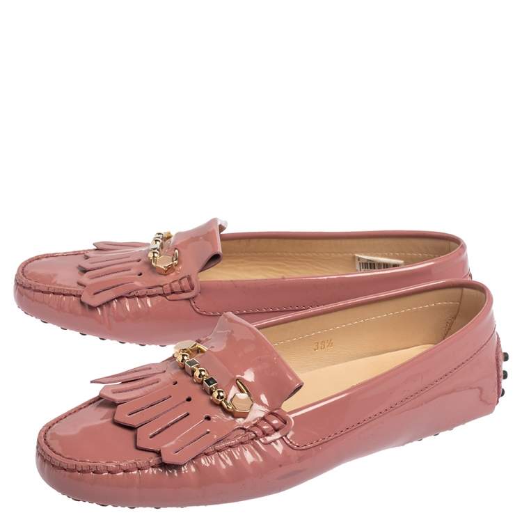Pre Owned Tod's Pink Patent Leather Fringe Safety Pin Loafers Size 38.5