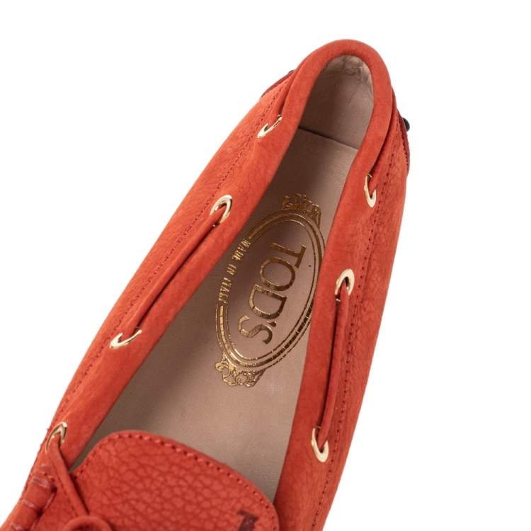 Pre Owned Tod's Orange Nubuck Leather Bow Slip On Loafers Size 40